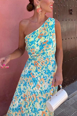 VoletterPrinted Crumpled One-Shoulder Dress