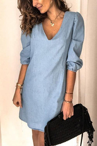 Voletter V Neck Casual Loose Denim Dress