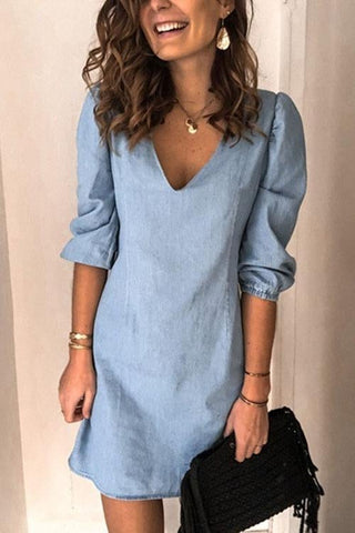 Voletter V Neck Casual Loose Denim Dress