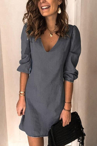 Voletter V Neck Casual Loose Denim Dress