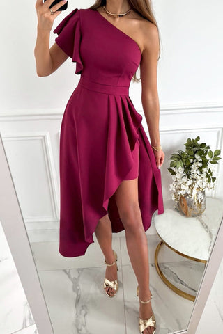 Voletter Diagonal Collar Slit Solid Color Dress