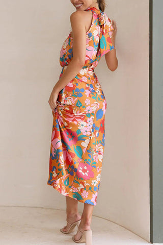 Voletter Sleeveless Tie Printed Satin Dress