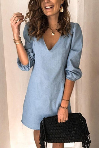 Voletter V Neck Casual Loose Denim Dress