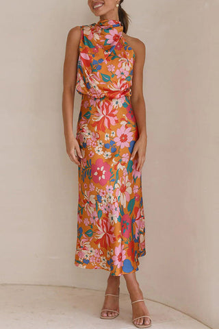 Voletter Sleeveless Tie Printed Satin Dress