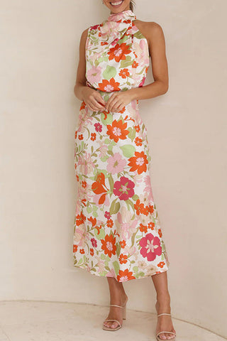 Voletter Sleeveless Tie Printed Satin Dress