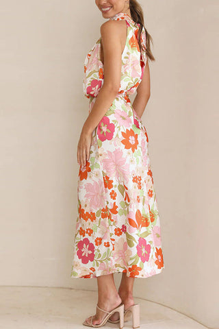 Voletter Sleeveless Tie Printed Satin Dress