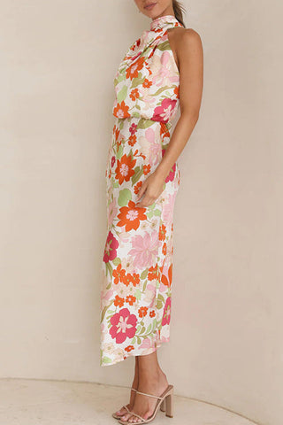 Voletter Sleeveless Tie Printed Satin Dress