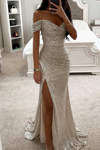 Voletter Party Sequined Bateau Neck Slit Maxi Dress