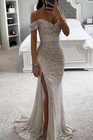 Voletter Party Sequined Bateau Neck Slit Maxi Dress