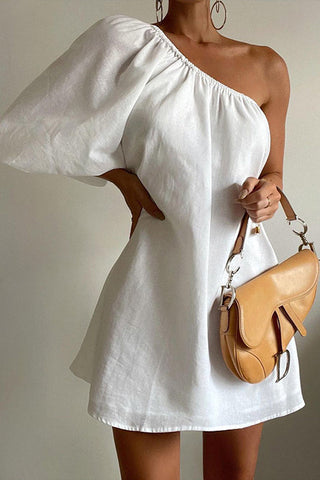 VoletterFashion Loose Slant Shoulder Cotton Linen Dress
