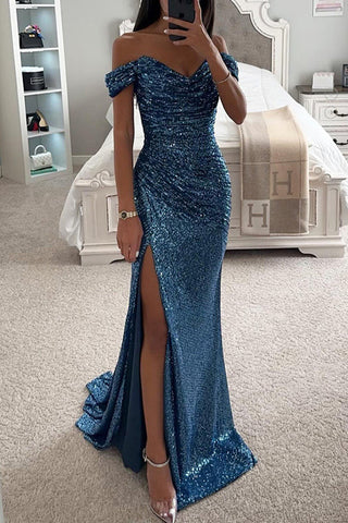 Voletter Party Sequined Bateau Neck Slit Maxi Dress