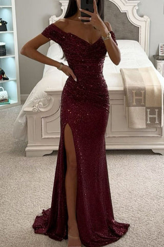 Voletter Party Sequined Bateau Neck Slit Maxi Dress