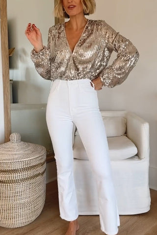 Voletter  V-Neck Long-Sleeved Sequined Top