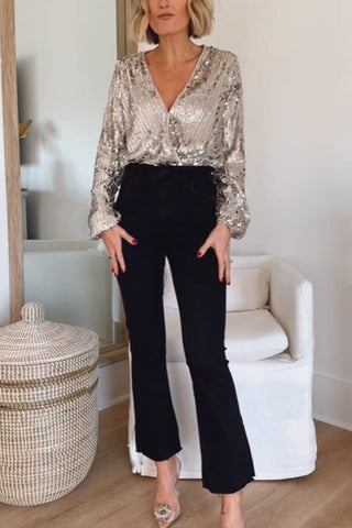 Voletter  V-Neck Long-Sleeved Sequined Top