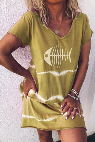 Voletter Fish Bone Printed Casual Mini Dress