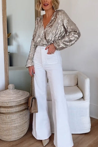 Voletter  V-Neck Long-Sleeved Sequined Top