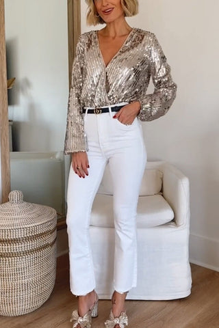 Voletter  V-Neck Long-Sleeved Sequined Top