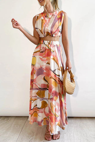 Voletter Fashion Chic Round Neck Sleeveless Printed Top + Printed Long Skirt Two-piece Set