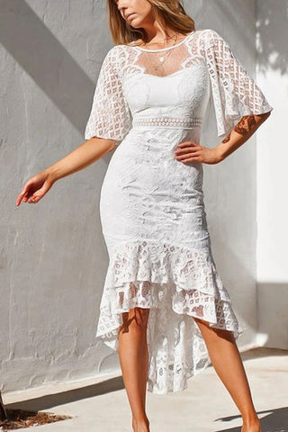 VoletterFashion Chic Round Neck Lace Mermaid Short Sleeve Dress