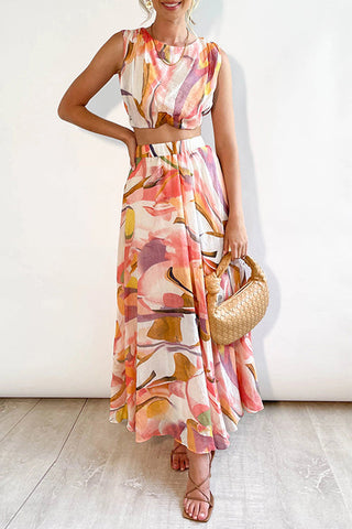 Voletter Fashion Chic Round Neck Sleeveless Printed Top + Printed Long Skirt Two-piece Set