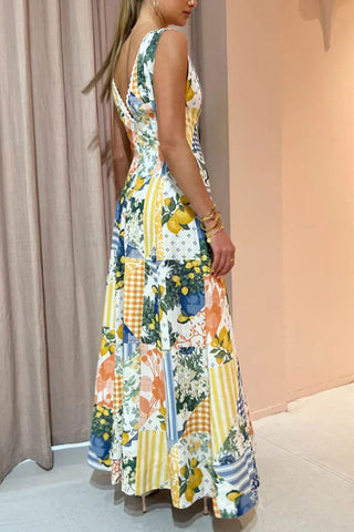 Voletter Casual Printed Women's Sleeveless Big V-neck Swing Dress