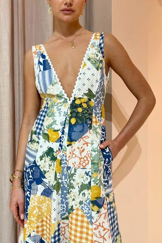 Voletter Casual Printed Women's Sleeveless Big V-neck Swing Dress