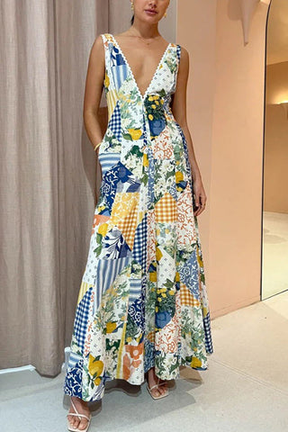 Voletter Casual Printed Women's Sleeveless Big V-neck Swing Dress