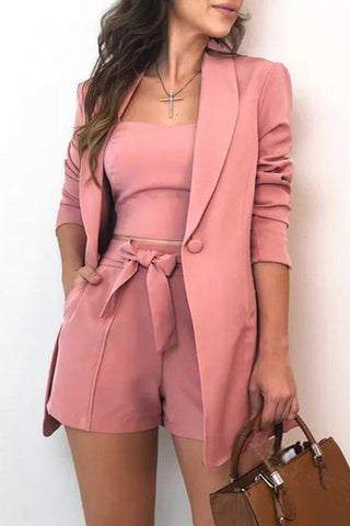 Voletter Ladies Chic Coat High Waist Shorts Three Pieces Suit