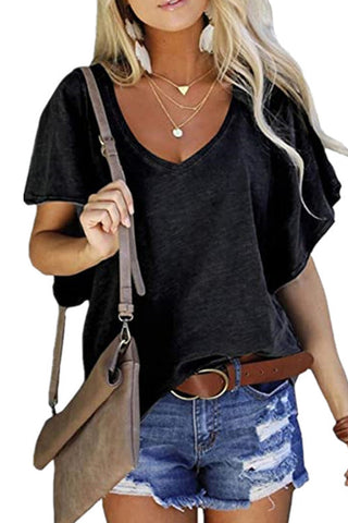Voletter Ruffle Sleeve Loose V Neck T-Shirt