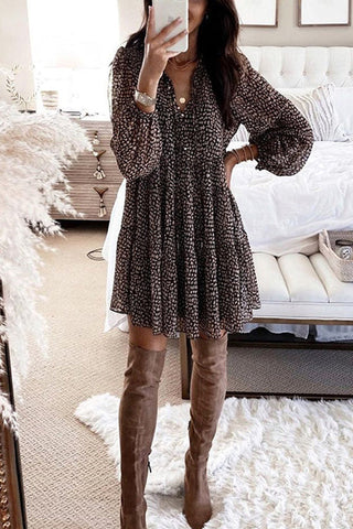 Voletter Fashion Leopard  Lantern Sleeve V Neck Dress