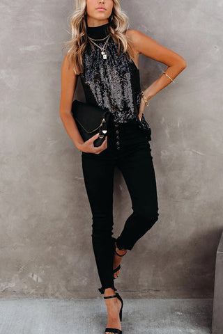 Voletter Fashion Sequin Turtleneck Sleeveless Top