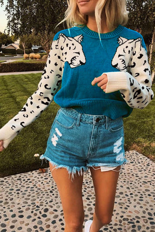 Voletter Fashion Casual Leopard O Neck Long Sleeve Sweater