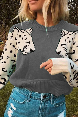 Voletter Fashion Casual Leopard O Neck Long Sleeve Sweater