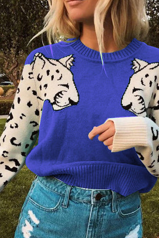 Voletter Fashion Casual Leopard O Neck Long Sleeve Sweater