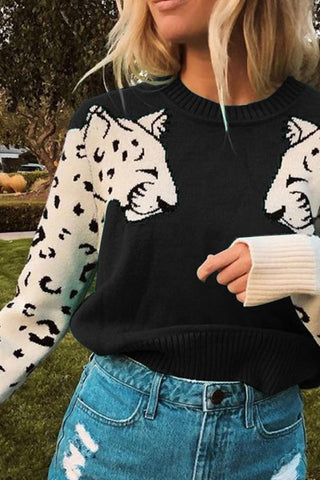 Voletter Fashion Casual Leopard O Neck Long Sleeve Sweater