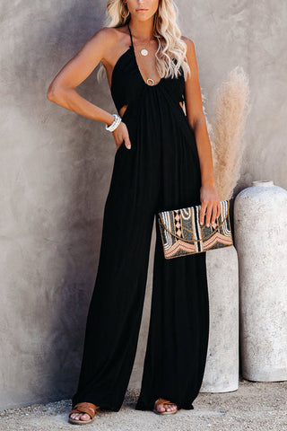 Voletter Solid Color U Neck Sling Backless Jumpsuit