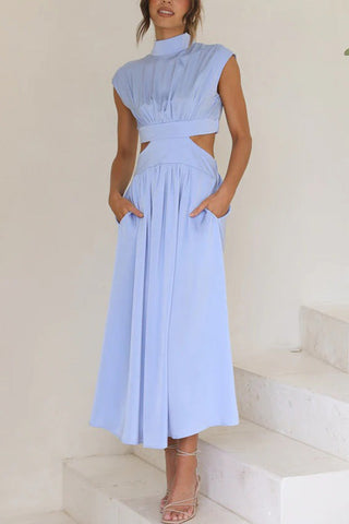 Voletter Chic Solid Stand Collar Sleeveless Slim Long Dress