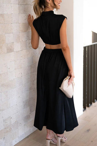 Voletter Chic Solid Stand Collar Sleeveless Slim Long Dress