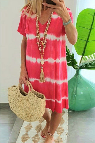 Voletter Casual Loose Printed V Neck Short Sleeve Dress