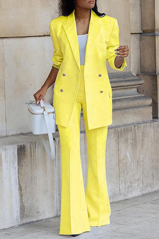Voletter Fashion Solid Long Sleeve Buttons Wide Leg Pants Suit Suit