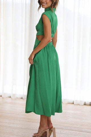 Voletter Chic Solid Stand Collar Sleeveless Slim Long Dress