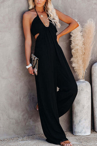 Voletter Chic Solid Sling U Neck Backless Slim Jumpsuit