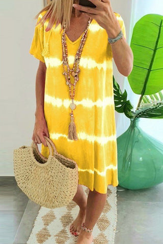 Voletter Casual Loose Printed V Neck Short Sleeve Dress