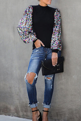 Voletter Casual Printed Loose Half Turtleneck Lantern Sleeve Top