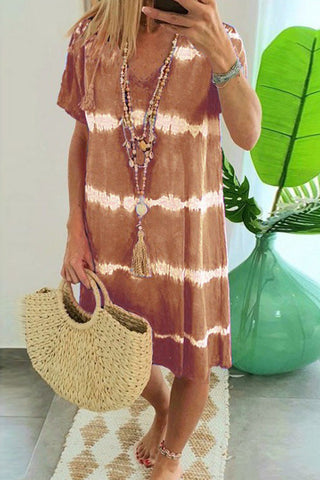 Voletter Casual Loose Printed V Neck Short Sleeve Dress