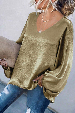 Voletter Chic Loose Solid V Neck Long Sleeve Top
