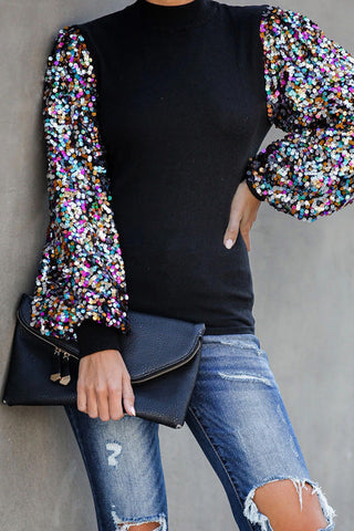 Voletter Casual Printed Loose Half Turtleneck Lantern Sleeve Top