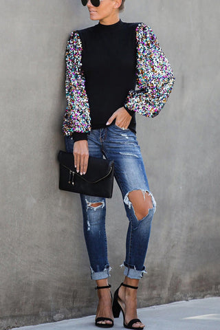 Voletter Casual Printed Loose Half Turtleneck Lantern Sleeve Top