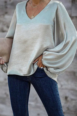 Voletter Chic Loose Solid V Neck Long Sleeve Top