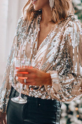Voletter Fashion Chic Loose Sequins V Neck Long Sleeve Top